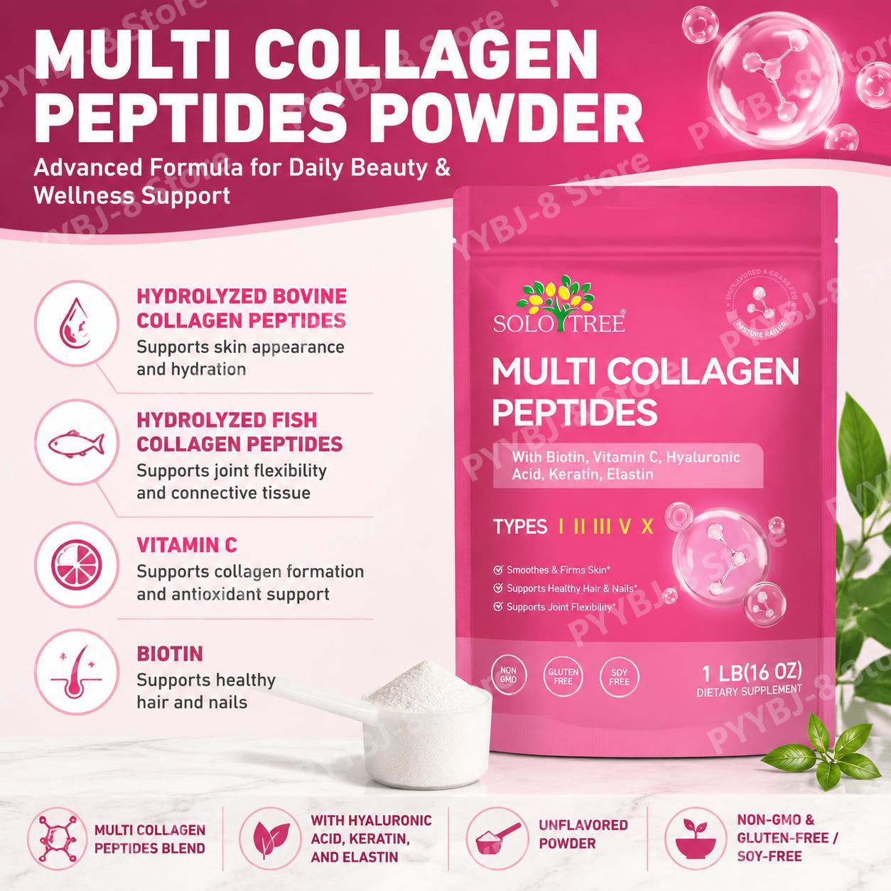 Vitamin C Powder - โซโลทรี มัลติ คอลลาเจน เปปไทด์ ผงผสมไบโอตินและวิตามินซี, กรดไฮยาลูโรนิก,